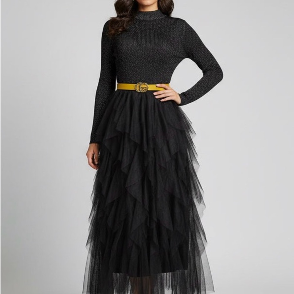 Elegant Black Maxi Dress with Yellow Belt